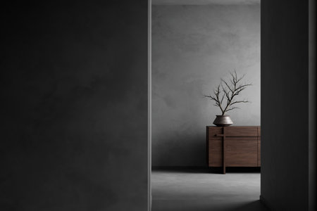 Japandi style interior design with wooden furnitures and raw materials. Empty wall mock up in...