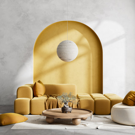 living room interior mock up, modern furnitures and decorative arch. Empty wall mock up in modern...