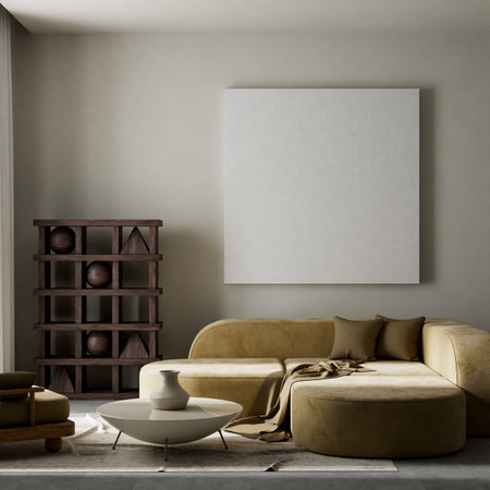 living room interior mock up with modern furnitures. Poster frame mock up in modern interior design....