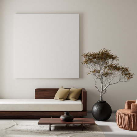 living room interior mock up with modern furnitures. Poster frame mock up in modern interior design....