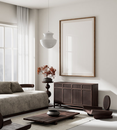 living room interior mock up with modern furnitures. Poster frame mock up in modern interior design....