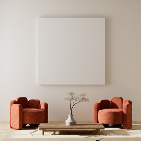 living room interior mock up with modern furnitures. Poster frame mock up in modern interior design. 3D illustrationの写真素材