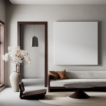 living room interior mock up with modern furnitures. Poster frame mock up in modern interior design. 3D illustrationの写真素材