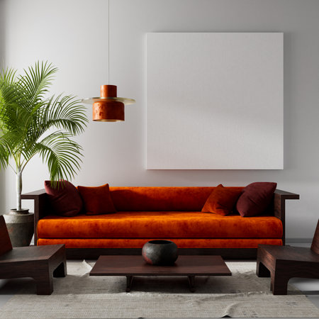 living room interior mock up with modern furnitures. Poster frame mock up in modern interior design....