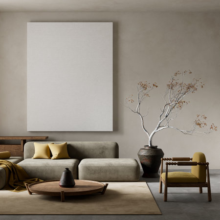 living room interior mock up with modern furnitures. Poster frame mock up in modern interior design....