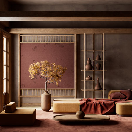 A warm, modern interior with minimalist furniture, ceramic vases, and a tree in a large pot. Natural tones and Japanese aesthetics create a peaceful, elegant space. 3D illustrationの写真素材
