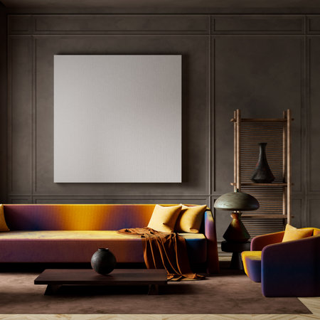 Striking interior combines vibrant gradient furniture with sculptural decor pieces, creating a...