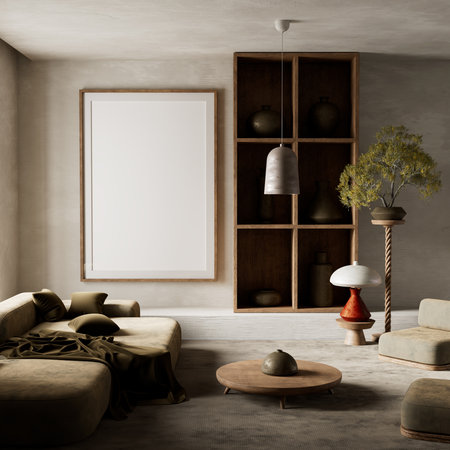 A tranquil living room blends olive seating, wooden shelves, and ceramic dÃ©cor under soft natural light, creating a warm, minimalist and harmonious space. 3D illustrationの写真素材