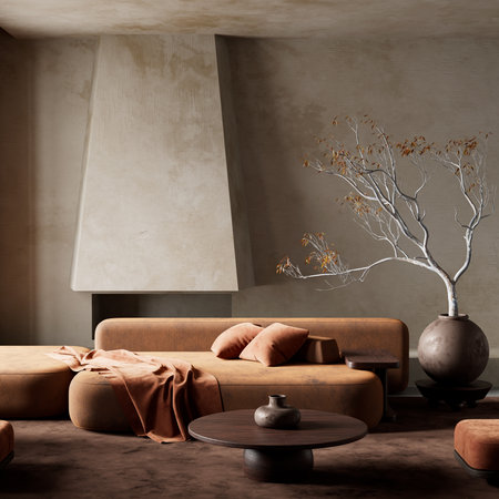 A cozy living room with terracotta seating, sculptural vases, and natural textures creating a warm...