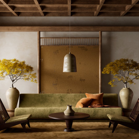 Modern room with earthy tones, low seating, and ceramic vases. A potted tree and Japanese inspired decor create a calm, elegant, and minimalist atmosphere. 3D illustrationの写真素材