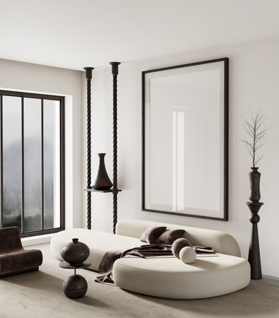 Minimalist living room in Japanese wabi-sabi style with neutral tones, soft textures, and sculptural...