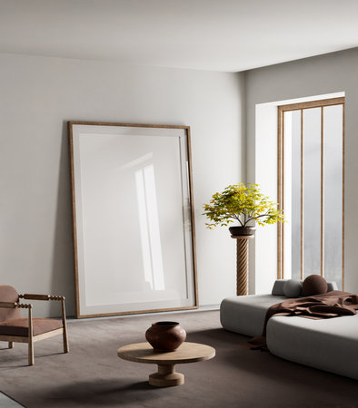 A minimalist living room with warm earthy tones, sculptural lighting, and soft modern furniture that...