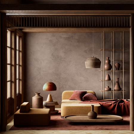 A warm, modern interior with minimalist furniture, ceramic vases, and natural tones. Japanese aesthetics create a peaceful, elegant space. 3D illustrationの写真素材
