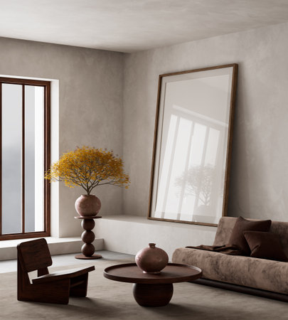 A stylish living room blending earthy tones, natural textures, and minimalist design for a calm and...
