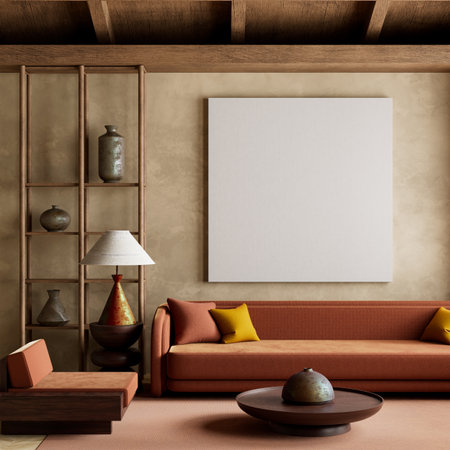 Living room embodies Japanese minimalism through natural textures, warm wood tones, and handcrafted...
