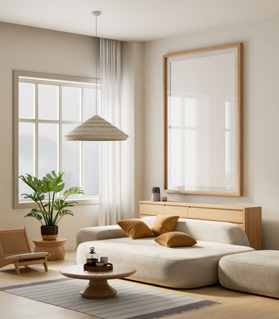 A minimalist living room with natural wood, cozy neutral palette, and modern interior balance,...