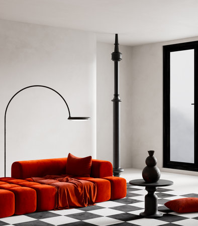 A minimalist modern living room with avant-garde details and industrial influence, blending bold...