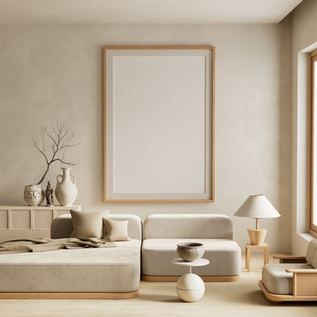 Stylish Japandi-inspired living room featuring a mock up poster frame, neutral tones, clean lines and sophisticated interior styling. 3D illustrationの写真素材