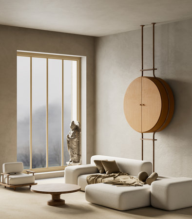 Scandinavian interior living room featuring neutral tones, clean lines and cozy minimalism with...