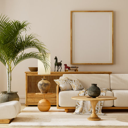 Japandi living room interior with soft beige sofa, wooden coffee table, indoor plant, warm light and minimal decor. Mock up poster frame in modern living room. 3D illustrationの写真素材