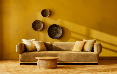 Warm boho eclectic living room with yellow walls, artistic wall decor, cozy sofa and natural...