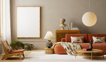 Minimal japandi living room mock-up featuring a blank poster frame above a terracotta sofa and wooden furniture. 3D illustration.の写真素材