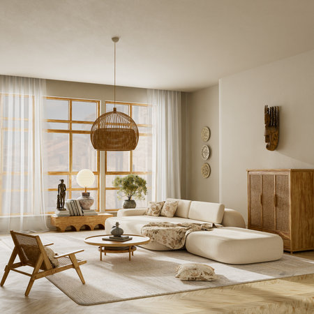 Calm Japandi living room design featuring natural light, wooden furniture, rattan lamp and soft...