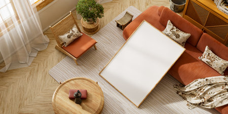Minimal japandi living room mock-up featuring a blank poster frame above a terracotta sofa and...