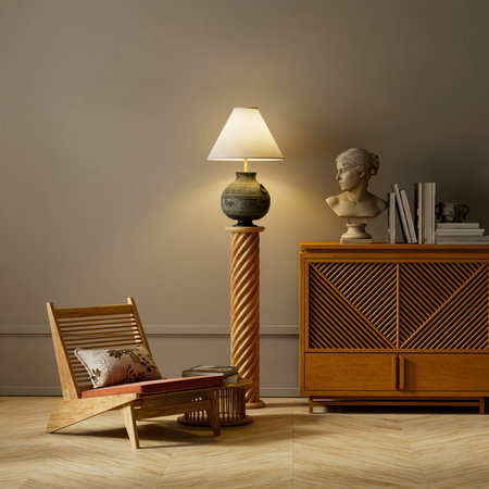 Minimal Japandi interior with wooden textures, soft warm lighting and elegant decor creating a cozy,...