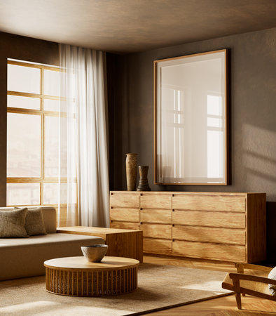 Cozy scandinavian living room with mock up poster frame, beige sofa, wooden furniture and warm natural light, creating a timeless interior. 3D illustrationの写真素材
