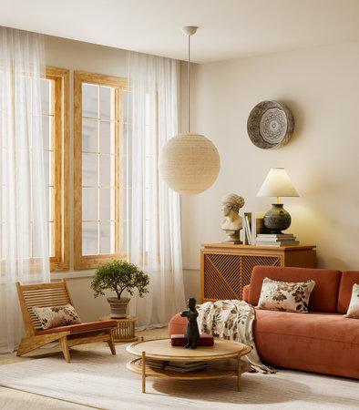 Japandi style living room with terracotta sofa, wooden furniture, and warm natural tones in soft daylight. 3D illustration.の写真素材
