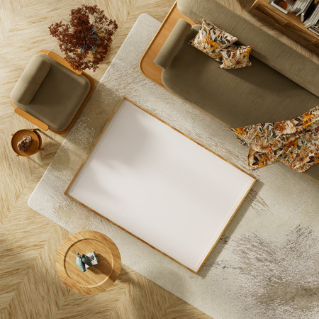 Minimalist Japandi mock-up interior with velvet sofa, wooden furniture and generous blank wall space ideal for poster, branding or product display. 3D illustration.の写真素材