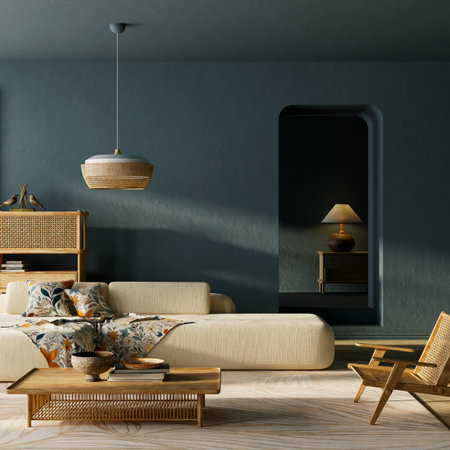 Contemporary living room featuring beige sofa, rattan furniture and dark blue wall background illuminated by soft daylight, creating a calm neutral aesthetic atmosphere. 3D illustration.の写真素材
