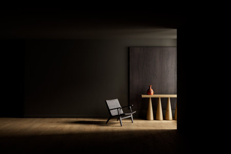 A clean minimalist setting with generous negative space, gentle light gradients and subtle textures that highlight the sculptural furniture arrangement. 3D illustrationの写真素材