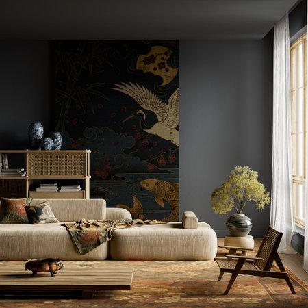 Moody japandi interior with warm highlights, deep tones and rich textures. Luxury materials and atmospheric shadows create an elegant and serene visual mood. 3D illustrationの写真素材