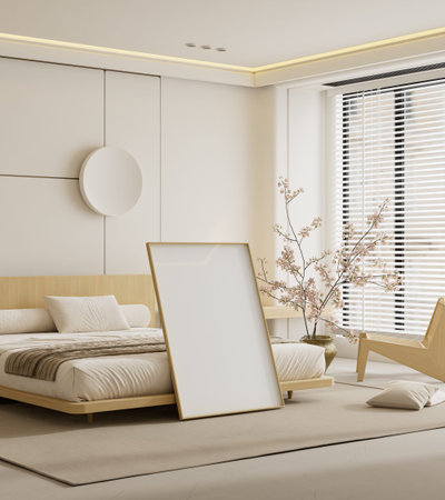 Contemporary minimalist bedroom interior with mock up poster frame and warm neutral textures, ideal...