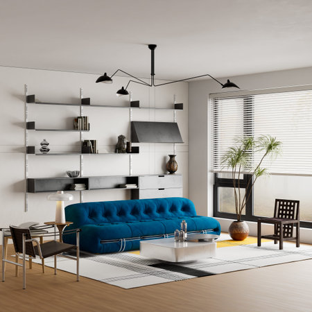 Warm minimalist living room featuring clean wall negative space, teal sofa and contemporary...
