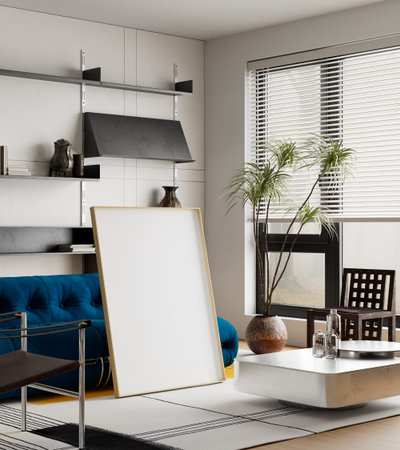 High end warm minimalist living room styled with poster frame mockup, contemporary furniture and...
