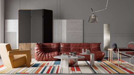 Modern designer living room combining Bauhaus tubular lounge chair, Italian modern sculptural...