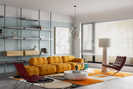Contemporary living room featuring mustard modular sofa, mid century modern lounge chair, sculptural...