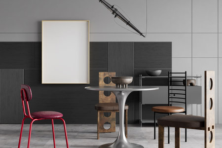 Modern designer dining room featuring poster frame mockup, sculptural pedestal table and...