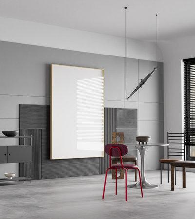 Contemporary minimalist dining room featuring poster frame mockup, sculptural pedestal table and...