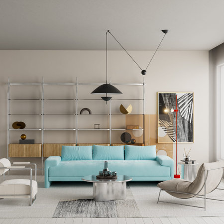 Bright contemporary living room with turquoise sofa, sculptural coffee table and minimalist...