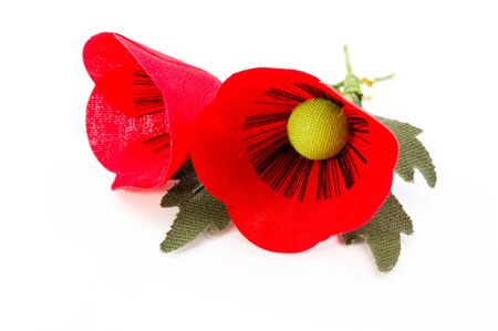 Two fabric poppies flower pin on white backgroundの写真素材