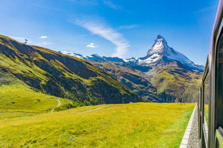 Matterhorn from the train window during autumn, Switzerlandの写真素材