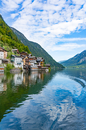 Hallstatt town and Hallstatt lake in the middle of mountainの写真素材