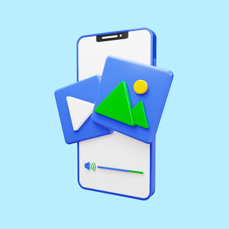 3D render of multimedia on smartphone, video, image, musicの写真素材