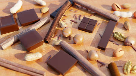 Chocolate pieces, shavings, candy, nut and cocoa beans on wooden backgroundの写真素材
