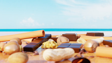 Chocolate pieces, shavings, candy, nut and cocoa beans on wooden backgroundの写真素材