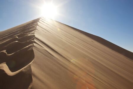 footprints on sand dune in the desert into the sun
